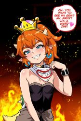  1girl bare_shoulders bib black_leotard blue_eyes bowsette_jr. commentary english_commentary english_text fiery_background fire grin heart highres leotard lizard_tail looking_at_viewer new_super_mario_bros._u_deluxe orange_hair pointy_ears sharp_teeth smile solo speech_bubble spiked_shell spoken_heart strapless strapless_leotard super_crown super_mario_bros. tail teeth thick_eyebrows tony_kuusisto turtle_shell 