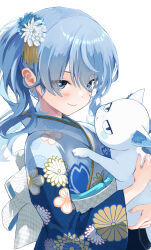  1girl absurdres alternate_costume alternate_hairstyle back_bow blue_hair blue_kimono blue_nails blush bow closed_mouth commentary creature english_commentary floral_print floral_print_kimono from_side hair_ornament highres holding holding_creature hololive hoshimachi_suisei japanese_clothes kanzashi kimono kwnri long_hair long_sleeves looking_at_viewer nail_polish obi obiage print_kimono sash simple_background smile solo star-shaped_pupils star_(symbol) symbol-shaped_pupils takoyaki_(hoshimachi_suisei) upper_body virtual_youtuber white_background wide_sleeves 