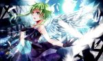  angel_wings bare_shoulders blue_eyes cross dress feathered_wings feathers gloves green_hair gumi highres looking_away necklace nou open_mouth short_hair singing solo vocaloid wings 