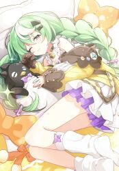  1girl bell black_choker braid choker dress green_hair highres jacket looking_at_viewer low_twin_braids lying multicolored_hair nazuna_(stella_sora) neck_bell on_side one_eye_closed pillow sakippo_(sakippo0) sherlock_(stella_sora) sleeveless sleeveless_dress socks solo stella_sora streaked_hair stuffed_animal stuffed_penguin stuffed_toy twin_braids violet_eyes white_dress white_socks yellow_jacket 