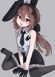  1girl :o absurdres alternate_costume alternate_hairstyle animal_ear_hairband animal_ears black_bow black_gloves black_necktie black_shorts black_thighhighs bow bow_legwear breasts broken_heart broken_heart_hair_ornament brown_hair collared_shirt commentary double-parted_bangs english_commentary evil_neuro-sama fake_animal_ears fang frilled_shorts frills full_body gloves grey_background hair_between_eyes hair_bow hair_ornament hairband half_gloves hands_on_floor head_tilt heart highres long_hair looking_at_viewer low_ponytail necktie no_shoes open_mouth ponytail rabbit_ears red_eyes reivooon see-through_clothes see-through_thighhighs shirt shirt_partially_tucked_in shorts sitting skin_fang sleeveless sleeveless_shirt small_breasts solo thigh-highs vedal_ai virtual_youtuber wariza white_shirt 
