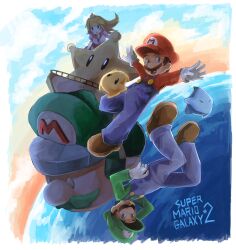  1girl 2boys blonde_hair blue_eyes blue_overalls brothers brown_hair brown_shoes commentary_request copyright_name crown facial_hair gloves grand_star_(mario) hat luigi luma_(mario) mario multiple_boys mustache newsboy_cap outstretched_arms overalls princess_peach shoes shuuno_(rcrock) siblings star_(symbol) starship_mario super_mario_bros. super_mario_galaxy_2 white_gloves 