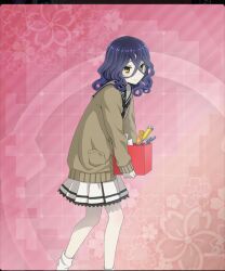  1girl ayanokouji_martial_arts_school_uniform bags_under_eyes black_shirt box brown_cardigan buttons cardigan closed_mouth dot_nose feet_out_of_frame floral_background from_side game_cg green_eyes hair_between_eyes haji_keiko holding holding_box hunched_over long_sleeves looking_to_the_side loose_socks medium_hair official_art pale_skin paper pink_background purple_hair school_uniform screwdriver shirt skirt socks solo third-party_source toji_no_miko toji_no_miko:_kizamishi_issen_no_tomoshibi wavy_hair white_skirt white_socks wrench 