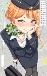  1girl black_hat black_jacket black_pantyhose black_skirt blush collarbone commentary_request crouching_start feet_out_of_frame fingernails gakuen_idolmaster garrison_cap green_eyes hand_on_own_cheek hand_on_own_face hat highres idolmaster jacket looking_at_viewer mole mole_under_eye narration nose_blush open_collar orange_hair pantyhose pencil_skirt rolling_suitcase shirt shiun_sumika single_sidelock skirt solo suitcase sweatdrop tile_floor tiles translation_request white_shirt 