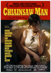  1girl absurdres artist_name black_choker black_hair black_ribbon black_shorts black_thighhighs chainsaw_man choker collared_shirt copyright_name flower green_eyes hair_between_eyes highres holding holding_flower katrina_chiu neck_ribbon poster_(medium) poster_parody pulp_fiction reze_(chainsaw_man) ribbon shirt short_hair shorts sidelocks sitting sleeveless sleeveless_shirt solo thigh-highs white_flower white_shirt 
