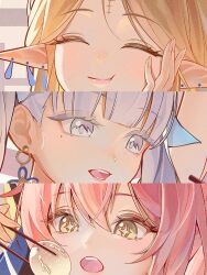  3girls absurdres aemeath_(wuthering_waves) blonde_hair cartethyia_(wuthering_waves) chigusa7h chinese_commentary chopsticks closed_eyes colored_eyelashes commentary_request earrings eating highres holding holding_chopsticks holding_with_chopsticks jewelry jinhsi_(wuthering_waves) mole mole_under_eye multiple_earrings multiple_girls open_mouth pink_hair pointy_ears smile star-shaped_pupils star_(symbol) symbol-shaped_pupils tacet_mark_(wuthering_waves) white_eyelashes white_eyes white_hair wuthering_waves 