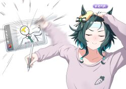  1boy 1girl animal_ears bangs_pinned_back beret closed_eyes closed_mouth commentary_request drawing_tablet ear_ornament ears_through_headwear gauze_on_forehead grey_shirt hat highres holding holding_stylus horse_ears horse_girl jujutsu_kaisen kiseki_(umamusume) meme naoya_hitting_choso_without_looking_(meme) shirt sidelocks smile stylus t-head_trainer_(umamusume) trainer_(umamusume) umamusume upper_body v-shaped_eyebrows y_k_(user_maxh5525) yellow_hat 