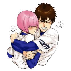  2boys ace_of_diamond baseball_uniform blush brown_hair closed_eyes closed_mouth commentary_request compression_shirt cropped_torso double-parted_bangs grin hair_between_eyes hair_over_eyes heise_wanbaolu hug kominato_haruichi layered_sleeves long_sleeves male_focus multiple_boys pink_hair sawamura_eijun shirt short_hair short_over_long_sleeves short_sleeves simple_background smile spoken_blush sportswear white_background white_shirt 