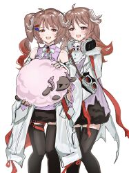  2girls :d absurdres animal animal_ears ardelia_(arknights) arknights arknights:_endfield baby_animal bare_shoulders black_thighhighs blush bow bowtie brown_hair coat commentary_request curled_horns dot_nose dress drill_hair drill_ponytail eyjafjalla_(arknights) fingerless_gloves fur-trimmed_dress fur_trim gloves grey_horns highres holding holding_animal horns kaa_kappa lamb little_black_sheep_(arknights) long_hair looking_at_viewer mask multiple_girls off_shoulder open_clothes open_coat purple_dress red_eyes respirator sheep sheep_ears sheep_girl sheep_horns short_dress simple_background sleeveless sleeveless_dress smile thigh-highs white_background white_bow white_bowtie white_coat white_gloves zettai_ryouiki 