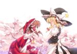  blonde_hair blue_eyes blush bow braid brown_hair cherry_blossoms closed_eyes crossed_arms deta dress eyes_closed hair_bow hair_ribbon hair_tubes hakurei_reimu hat hat_bow hat_ribbon ina_(artist) kirisame_marisa multiple_girls ribbon shirt single_braid skirt skirt_set star touhou witch witch_hat 