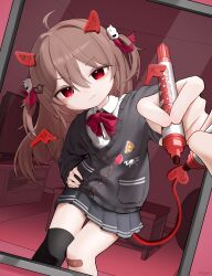  1girl absurdres badge bandaid bandaid_on_knee bandaid_on_leg black_cardigan black_skirt black_sleeves black_thighhighs bow bowtie broken_heart broken_heart_hair_ornament brown_hair button_badge cardigan closed_mouth commentary cowboy_shot drawn_horns drawn_tail drawn_wings dress_shirt dutch_angle english_commentary evil_neuro-sama flat_screen_tv hair_between_eyes hair_ornament hair_ribbon hand_on_own_hip heart highres holding holding_marker indoors long_hair long_sleeves looking_at_mirror marker miniskirt mirror pleated_skirt pov pungsun red_bow red_bowtie red_eyes red_ribbon reflection ribbon shirt single_thighhigh skirt skull_hair_ornament solo table television thigh-highs two_side_up vedal_ai virtual_youtuber white_shirt 