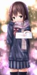  1girl black_legwear bow brown_eyes brown_hair chitori covering_mouth letter long_hair long_sleeves love_letter original scarf skirt snowing solo thighhighs 