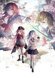  4girls absurdres angel_beats! brown_hair fuzijo green_eyes grey_hair hat heaven_burns_red highres holding holding_weapon kayamori_ruka kunimi_tama looking_at_viewer multiple_girls nakamura_yuri pink_hair red_eyes red_hair sailor_hat school_uniform tachibana_kanade weapon yellow_eyes 