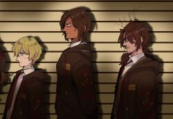  2boys 2girls antenna_hair arms_behind_back beard_stubble black_jacket black_vest blonde_hair brown_hair brown_sweater_vest bug cockroach commentary company_name cropped curtained_hair dark-skinned_female dark_skin english_commentary facial_hair from_side gregor's_cockroach_(project_moon) gregor_(project_moon) hair_between_eyes hair_over_shoulder height_chart height_difference highres hood hood_down hooded_jacket jacket lce_clothes_(project_moon) limbus_company looking_ahead looking_at_viewer low_ponytail medium_hair multiple_boys multiple_girls mustache_stubble necktie official_alternate_costume out_of_frame outis_(project_moon) ponytail project_moon red_necktie rodion_(project_moon) serious shirt short_hair sinclair_(project_moon) stubble sweatdrop sweater_vest unower_s vest white_shirt 