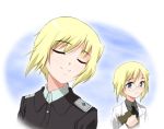  blonde_hair blue_eyes closed_eyes erica_hartmann eyes_closed glasses labcoat military military_uniform multiple_girls sayu_(mio-mosa) short_hair siblings sisters smile strike_witches uniform ursula_hartmann 