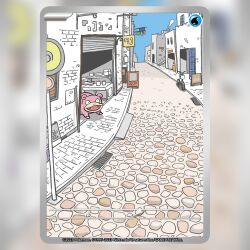  animal_focus aoki_toshinao bicycle blue_sky building card_(medium) commentary company_name copyright_name copyright_notice counter day english_commentary fangs garage garage_door no_humans nostrils official_art open_mouth outdoors pokemon pokemon_(creature) pokemon_card pokemon_focus pokemon_tcg road sky slowpoke smile solo textless_version third-party_source trading_card 