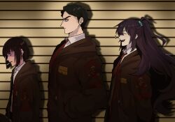  1girl 2boys :d ^_^ bags_under_eyes black_hair black_jacket cigarette closed_eyes collared_shirt commentary company_name cropped english_commentary hands_in_pockets head_tilt height_chart height_difference highres hong_lu_(project_moon) hood hood_down hooded_jacket jacket lce_clothes_(project_moon) limbus_company long_hair meursault_(project_moon) multiple_boys necktie official_alternate_costume project_moon red_necktie ryoshu_(project_moon) shaded_face shirt short_hair smile smoking sparkle unower_s upper_body v-shaped_eyebrows very_short_hair white_shirt 