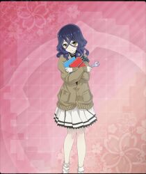  1girl ayanokouji_martial_arts_school_uniform bags_under_eyes black_shirt brown_cardigan buttons cardigan closed_mouth crossed_arms dot_nose feet_out_of_frame floral_background game_cg green_eyes hair_between_eyes haji_keiko hammer holding holding_binder holding_hammer holding_wrench long_sleeves loose_socks medium_hair official_art pale_skin pink_background purple_hair school_uniform shirt skirt socks solo third-party_source toji_no_miko toji_no_miko:_kizamishi_issen_no_tomoshibi wavy_hair white_skirt white_socks wrench 