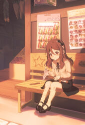  1girl absurdres aged_down blush brown_eyes brown_hair commentary_request full_body highres mary_janes princess_connect! qianlilingjiang shizuru_(princess_connect!) shizuru_(real)_(princess_connect!) shoes shop sitting skirt smile solo sword twilight weapon wooden_sword 