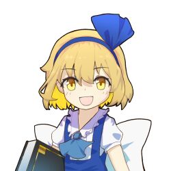  1girl alice_margatroid alice_margatroid_(pc-98) ascot back_bow blonde_hair blue_ascot blue_eyes blue_hairband book bow child chinese_commentary commentary_request edsky0309 grimoire grimoire_of_alice hairband holding holding_book looking_at_viewer open_mouth puffy_short_sleeves puffy_sleeves short_sleeves simple_background smile solo touhou touhou_(pc-98) white_background white_bow yellow_eyes 