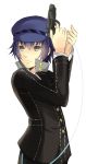  androgynous blue_eyes blue_hair cabbie_hat crossdressinging female gun hat jacket moonku persona persona_4 reverse_trap revolver school_uniform serious shirogane_naoto short_hair solo standing tomboy weapon 