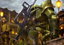  army cable child cigarette clouds cloudy_sky combat_helmet exposed_internal_machinery gun gundam gundam_perfect_file hands_in_pocket helmet highres kinoshita_tomotake lamp lamppost machine_gun magazine_scan mecha military_rank_insignia military_uniform mobile_suit mobile_suit_gundam official_art painting_(medium) promotional_art realistic robot scan science_fiction shoulder_spikes sky smoking soldier spikes submachine_gun traditional_media weapon window zaku_ii zeon 