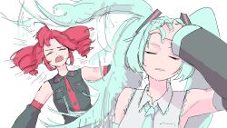 2girls adjusting_hair afterimage arm_tattoo armpits black_shirt closed_eyes collared_shirt commentary_request detached_sleeves drill_hair green_hair hair_ornament hand_in_own_hair hand_on_own_head hatsune_miku highres hitting kasane_teto long_hair long_sleeves meme midorikamechan motion_blur motion_lines multiple_girls naoya_hitting_choso_without_looking_(meme) necktie open_mouth parody punching red_hair shirt sleeveless sleeveless_shirt tattoo triangle_hair_ornament twin_drills twintails two-tone_shirt very_long_hair white_background white_shirt 