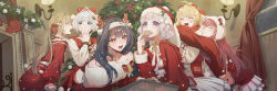  6+girls :d ^_^ absurdres ahoge animal_ears antlers black_hair blonde_hair blue_eyes blue_hair blush bow braid breasts brown_hair christmas christmas_ornaments christmas_tree closed_eyes collarbone commentary cookie deer_ears dress eating fake_antlers food fur_trim gift gosegu grey_hair hair_bow hair_ornament hairband hat highres holding holding_food horns hug indoors ine_(vtuber) jingburger jururu korean_commentary lamp leaning_forward lilpa long_hair long_sleeves looking_at_viewer multicolored_hair multiple_girls neck_ribbon night off-shoulder_sweater off_shoulder open_mouth pom_pom_(clothes) purucon red_bow red_dress red_eyes red_hair red_ribbon red_sweater reindeer_antlers ribbon santa_costume santa_hat short_hair skirt smile star_(symbol) star_hair_ornament stuffed_animal stuffed_toy sweater twintails viichan violet_eyes virtual_youtuber waktaverse white_hair white_skirt white_sweater window 