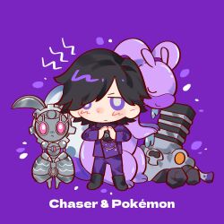  1boy 2786867956wuyu animification black_hair bright_pupils chase_(kamen_rider_drive) chinese_commentary closed_eyes closed_mouth commentary_request crossover full_body goodra grey_pupils hands_up highres kamen_rider kamen_rider_drive_(series) long_sleeves looking_at_viewer magearna male_focus pants pokemon pokemon_(creature) purple_background purple_pants short_hair standing varoom violet_eyes 