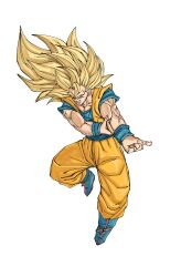  1boy blonde_hair blue_boots blue_sash blue_shirt blue_wrist_cuffs boots commentary_request dougi dragon_ball dragon_ball_z full_body gomadang0417 green_eyes highres long_hair muscular muscular_male no_eyebrows orange_pants orange_shirt pants sash shirt simple_background solo son_goku spiky_hair super_saiyan super_saiyan_3 white_background wrist_cuffs 