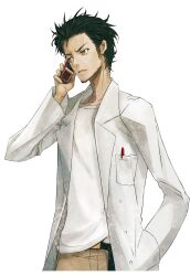  1boy adam's_apple beard_stubble belt black_belt black_hair breast_pocket brown_pants coat collarbone facial_hair fingernails frown game_cg grey_eyes hand_in_pocket highres holding holding_phone huke lab_coat lapels leather_belt long_sleeves male_focus messy_hair non-web_source notched_lapels object_in_pocket official_art okabe_rintarou open_mouth pants pen_in_pocket phone pocket ringed_eyes science_adventure serious shirt shirt_partially_tucked_in solo sprite steins;gate steins;gate:_linear_bounded_phenogram stubble t-shirt talking_on_phone v-shaped_eyebrows white_coat white_shirt 