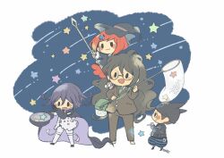  1girl 3boys :3 barefoot beanie belt belt_buckle black_belt black_cloak black_eyes black_hair black_hat black_jacket black_pants black_shoes blazer blue_gem blue_pants blunt_ends blush_stickers bob_cut border brown_belt brown_hair brown_jacket brown_pants brown_suit buckle bug_cage business_suit butterfly_net buttons chibi cigarette cloak closed_mouth collared_cloak collared_jacket collared_shirt commentary_request cuffs danganronpa_(series) danganronpa_v3:_killing_harmony denim dot_nose double-breasted dress_pants dress_shoes fake_horns floating_clothes gem gem_hair_ornament glasses gokuhara_gonta green_necktie grey-framed_eyewear grey_shirt hair_between_eyes hair_ornament hairclip half-closed_eyes hand_in_pocket hand_net hand_on_own_hip happy hat hat_belt height_difference high_collar hitofutarai holding holding_butterfly_net holding_cigarette holding_staff holding_unworn_clothes holding_unworn_hat horned_headwear horns hoshi_ryoma jacket jeans lapel_pin lapels leather leather_jacket legs_apart long_hair long_hair_between_eyes long_sleeves looking_at_another looking_at_object messy_hair meteor_shower miniskirt multicolored_buttons multiple_boys necktie night notched_lapels oma_kokichi open_belt open_clothes open_jacket open_mouth outdoors outside_border pants peaked_cap pleated_skirt print_headwear prison_clothes puffy_pants purple_cloak purple_hair red_hair red_skirt round_eyewear shackles shirt shoes shooting_star short_hair single_ankle_cuff skirt sleeve_cuffs smile solid_oval_eyes staff standing star_(symbol) suit thigh_belt thigh_strap torn_clothes torn_jeans torn_pants two-sided_cloak two-sided_fabric two-tone_pants unworn_hat unworn_headwear very_long_hair white_belt white_border white_jacket white_pants wind witch_hat yumeno_himiko zipper 