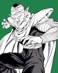  1boy cape commentary dragon_ball dragon_ball_z fangs furrowed_brow green_background greyscale_with_colored_background hat highres lee_(dragon_garou) male_focus official_style open_mouth piccolo pointy_ears shoulder_pads smile solo toriyama_akira_(style) 
