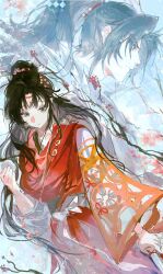  1boy 1girl absurdres black_hair blue_background blue_eyes branch cheng_heguang chinese_clothes dabaijiang_memeda facial_mark flower forehead_mark hair_branch hair_bun hand_up hanfu highres long_hair looking_down paper_heron plum_blossoms ponytail profile red_flower red_hanfu reverse:1999 upper_body wide_sleeves 
