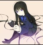  bad_id black_hair blue_eyes bow cable kuroyukihime long_hair long_sleeves pantyhose school_uniform senya_fuurin sitting skirt smile usb 