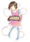  ;d amami_haruka apron baking_sheet brown_hair checkerboard_cookie cookie food green_eyes hair_ribbon idolmaster open_mouth oven_mitts over-kneehighs ribbon smile solo striped striped_legwear t-okada thigh-highs thighhighs tray wink 