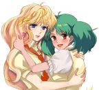  blonde_hair blue_eyes green_hair hug long_hair macross macross_frontier multiple_girls necktie ranka_lee red_eyes seojung sheryl_nome short_hair twintails vest 