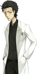  1boy beard_stubble belt belt_buckle black_belt black_hair breast_pocket buckle collared_shirt disappointed dress_shirt facial_hair game_cg grey_shirt hands_in_pockets highres huke lab_coat looking_at_viewer male_focus messy_hair non-web_source object_in_pocket official_art okabe_rintarou okabe_rintarou_(beta) open_mouth pen_in_pocket pocket ringed_eyes science_adventure shirt short_hair solo sprite steins;gate steins;gate_0 stubble sweater_vest transparent_background winter_clothes yellow_eyes 