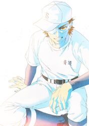  1boy ace_of_diamond ball baseball_(object) baseball_cap baseball_uniform belt black_belt blue_socks brown_hair commentary_request compression_shirt goggles grin hat heise_wanbaolu highres holding holding_ball invisible_floor knee_up layered_sleeves long_sleeves looking_at_viewer male_focus miyuki_kazuya pants shirt shirt_tucked_in short_hair short_over_long_sleeves short_sleeves simple_background sitting smile socks socks_over_pants solo sportswear white_background white_pants white_shirt 