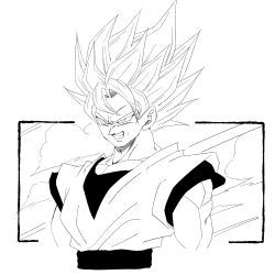  1boy 1rasutotoukou absurdres clenched_teeth dougi dragon_ball dragon_ball_z greyscale highres male_focus medium_hair monochrome muscular muscular_male parted_lips sash solo son_goku spiky_hair super_saiyan super_saiyan_1 teeth upper_body 