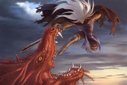  1boy black_cape black_pants black_sash blue_tunic boots cape closed_mouth clouds cloudy_sky dark_cloud dragon duel elbow_gloves floating_cape floating_hair fringe_trim gloves grey_boots grey_gloves holding holding_sword holding_weapon kita_senri long_hair male_focus midair open_mouth original outdoors pants sash sharp_teeth sky sword teeth thigh_boots torn_cape torn_clothes tunic weapon white_hair yellow_eyes 