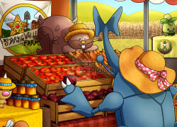  :3 apron arboliva artist_name basket buck_teeth carrot character_name closed_eyes clothed_pokemon commentary crate english_commentary english_text food greedent green_apron hat heracross highres holding holding_basket holding_food holding_vegetable jar market onion pokemon pokemon_(creature) pokemon_focus smile smoliv staryu straw_hat sun_hat teeth thecalendork tomato vegetable watermark weedle wheat_field 
