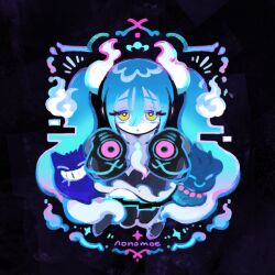  1girl artist_name black_background blue_hair gengar hatsune_miku k_(sktchblg) misdreavus necktie pokemon pokemon_(creature) shaded_face twintails vocaloid will-o'-the-wisp_(mythology) yellow_eyes 