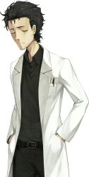  1boy beard_stubble belt belt_buckle black_belt black_hair breast_pocket buckle closed_eyes collared_shirt dress_shirt facial_hair facing_viewer game_cg grey_shirt hands_in_pockets highres huke lab_coat male_focus messy_hair non-web_source object_in_pocket official_art okabe_rintarou okabe_rintarou_(beta) pen_in_pocket pensive pocket science_adventure shirt short_hair solo sprite steins;gate steins;gate_0 stubble sweater_vest transparent_background winter_clothes 