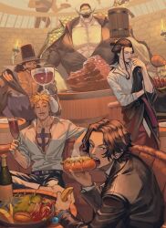  6+boys anchor_tattoo bare_pectorals black_hair black_jacket blonde_hair bottle chest_hair chest_tattoo commentary eating edward_newgate facial_hair food freckles goatee_stubble highres holding hot_dog izou_(one_piece) jacket log_pose looking_at_viewer male_focus marco_(one_piece) meat multiple_boys one_piece pectorals pompadour portgas_d._ace stubble symbol-only_commentary tattoo tentaro_en thatch_(one_piece) vista_(one_piece) 