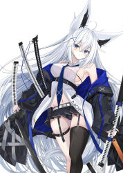 1girl absurdres animal_ear_fluff animal_ears asymmetrical_legwear belt black_panties black_skirt black_thighhighs blush breasts commentary_request dao dual_wielding fox_ears fox_girl fox_tail garter_straps grey_hair hair_between_eyes highres holding holding_sword holding_weapon jacket kakeloser katana knife long_hair looking_at_viewer microskirt navel necktie original panties pleated_skirt shirt simple_background single_thighhigh skirt solo sword tail thigh-highs thigh_strap underwear weapon white_background white_hair white_shirt 