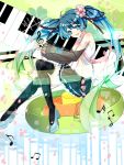  aqua_eyes aqua_hair detached_sleeves fei_(songyijie) flower hair_flower hair_ornament hairclip hatsune_miku highres long_hair musical_note navel necktie open_mouth piano_keys see-through shoes skirt solo songyijie thigh-highs thighhighs twintails very_long_hair vocaloid 