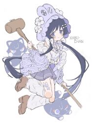  1boy alternate_hair_length alternate_hairstyle bandaid bandaid_on_leg bare_shoulders black_cat black_skirt blunt_ends blush bow brown_shoes cardigan cat character_name closed_mouth commentary_request crossdressing crossdressing_(mtf) crossed_bandaids empty_eyes flower frilled_shirt frills full_body genshin_impact hair_bow hair_flower hair_ornament hair_over_shoulder hat hat_flower highres holding holding_mallet kingyo_(nyankomanjyuu15) leg_warmers long_hair long_sleeves looking_at_viewer low_twintails male_focus mallet neck_ribbon off_shoulder open_cardigan open_clothes pleated_skirt purple_cardigan purple_hood purple_ribbon purple_sleeves ribbed_sleeves ribbed_sweater ribbon scaramouche_(cat)_(genshin_impact) scaramouche_(genshin_impact) scaramouche_(kabukimono)_(genshin_impact) shirt shoes skirt smile solo split_mouth strapless strapless_shirt sweater twintails very_long_hair violet_eyes white_background white_bow white_flower white_leg_warmers white_shirt white_trim wispy_bangs 