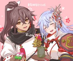  1boy 1girl black_scarf brown_eyes brown_hair commentary_request dango food hair_branch hisui_(paingumi) kaguya_(rune_factory) open_mouth rune_factory rune_factory:_guardians_of_azuma scarf smile subaru_(rune_factory) translation_request upper_body wagashi 