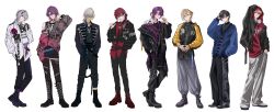  6+boys alternate_costume alternate_hairstyle arm_up black_boots black_hair black_jacket black_nails black_necktie black_pants blonde_hair blue_jacket boots chain chain_necklace closed_mouth commentary dark-skinned_male dark_skin full_body fura_kanato fuwa_minato grey_boots grey_hair grey_pants hair_between_eyes half_updo hand_in_pocket hand_up hands_in_pockets highres ibrahim_(nijisanji) jacket jewelry lauren_iroas long_hair looking_at_viewer male_focus medium_hair multicolored_hair multicolored_jacket multiple_boys necklace necktie nijisanji nisi_ki_no open_clothes open_jacket own_hands_together pants pink_hair ponytail punk purple_hair red_boots red_hair seraph_dazzlegarden shikinagi_akira shirt short_hair side_ponytail simple_background smile streaked_hair voltaction watarai_hibari white_background white_shirt 